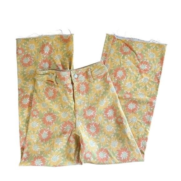 Zara Marine Straight High Waisted Yellow Sun Flower Denim Jean Sz 4 Ragged Hem - Picture 6 of 10